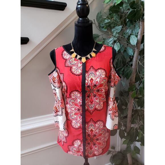 Chico's Tops - Chico's Tunic Top Women XL Red Geo Print Stretch Cold Shoulder Sleeve Round Neck